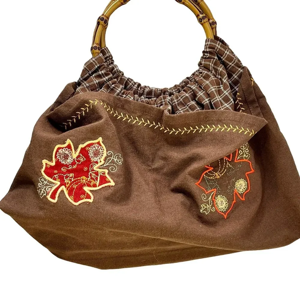 Faux Bamboo Handle Handbag Autumn Leaf Pumpkin Embroidery Brown Fabric Retro